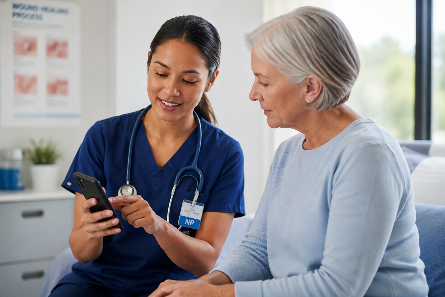 Nurse practitioner showing wound documentation to a patient on a smartphone